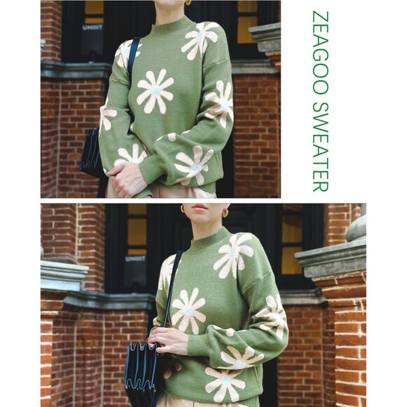 Zeagoo Women's Green-flower Long Sleeve Pullover Ribbed Knitted Pattern Sweater - Picture 5 of 6